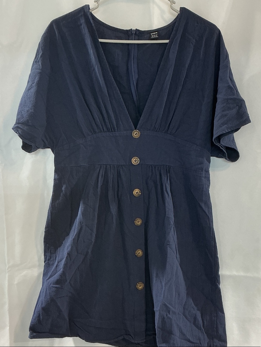 SHEIN Navy Button-Front V-Neck Mini Dress with Short Sleeves